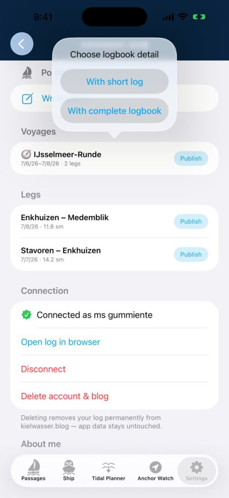 Veröffentlichen und Logbuch-Umfang wählen